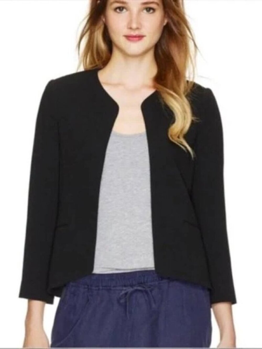Aritzia Wilfred Exquis Black Open Front Blazer Geometric Print Lining Rare Sz 8